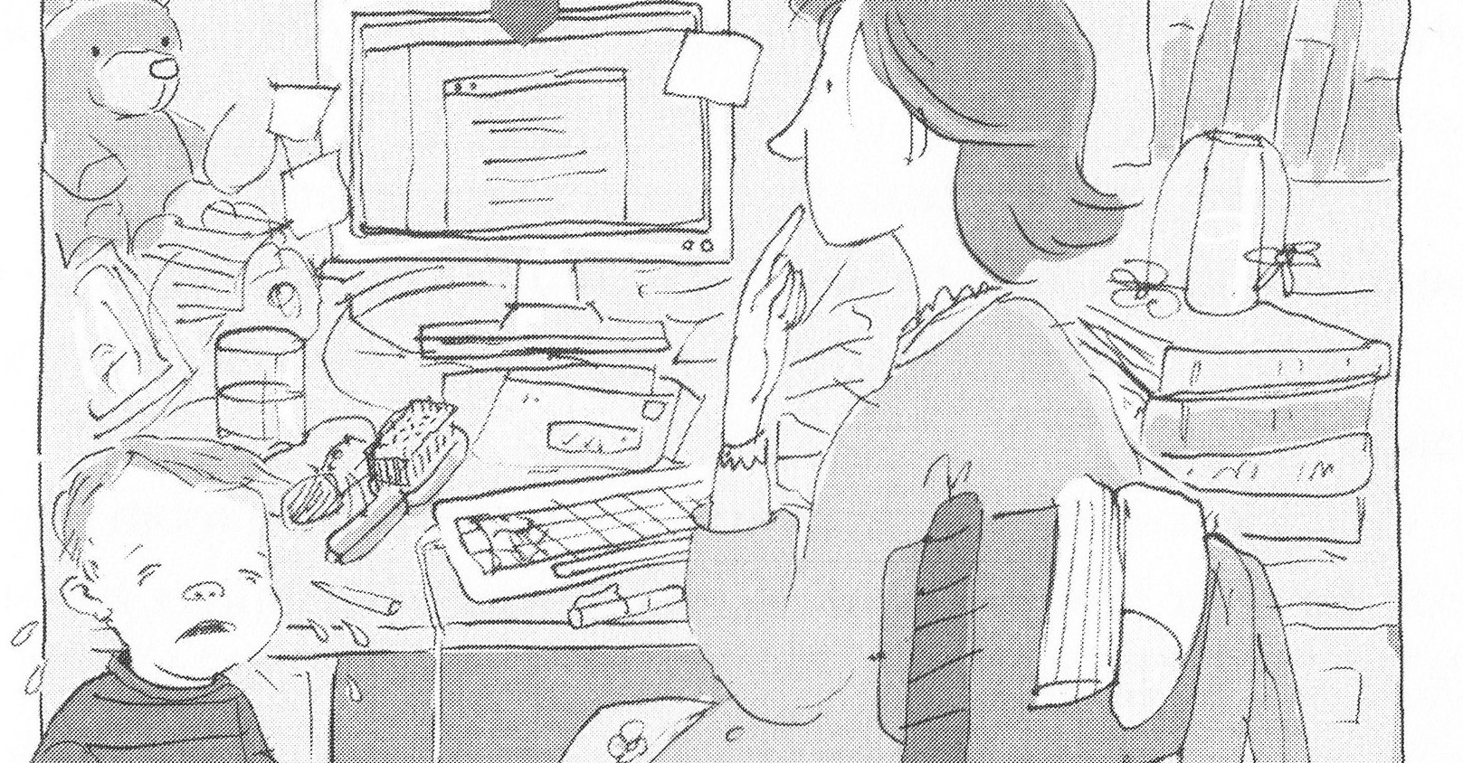 Cartoon of Susie at desk buried in clutter.
