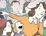Cartoon woman with unruly kids in church
